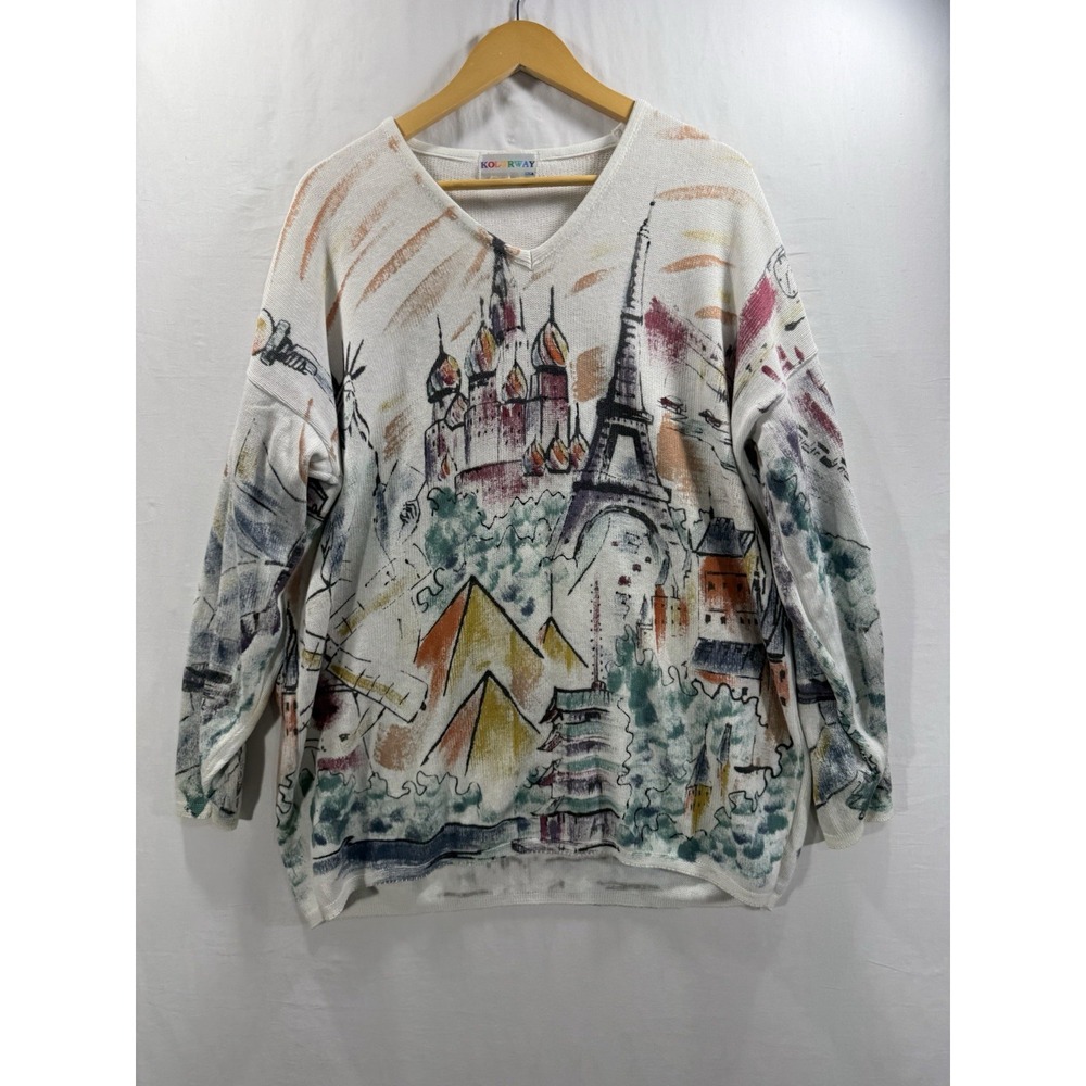 Vtg Kolorway USA Travel Landmark Print Sweater Women Sz 2 XL White Eiffel Tower